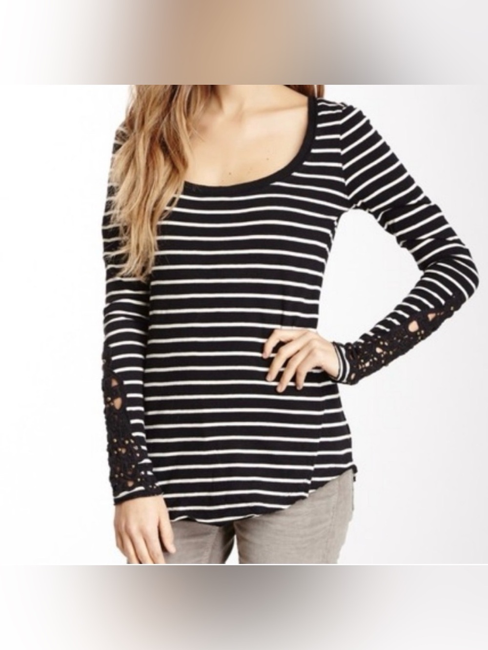 Free People Hard Candy Black White Stripe Crochet Cuff Top Size Small